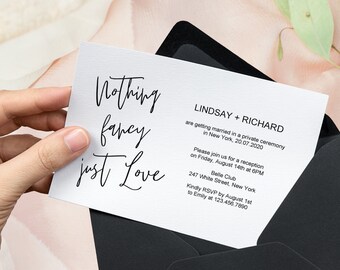 Nothing fancy just love wedding invitation template download, Elopement announcement reception invitation card, Printable editable template