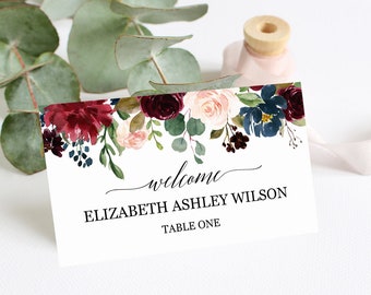 Burgundy wedding place cards template, Boho marsala table name cards, Fall wedding escort cards, Editable printable tent flat place cards