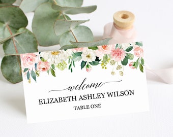 Wedding name cards template, Blush peach wedding place cards template, Printable escort cards for wedding, Custom floral table place cards