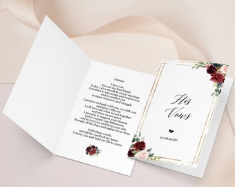 Wedding vows template, His vows Her vows cards, Customized personalized vow booklet, Editable printable, Burgundy blush navy gold, Download