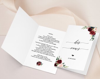 His vows her vows, Wedding vows booklet, Vows cards, Vows keepsake, Vow renewal, Editable printable template, Calligraphy floral burgundy