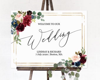 Marsala wedding welcome sign template, Printable editable PDF, Burgundy gold greenery welcome wedding sign, Downloadable custom wedding sign