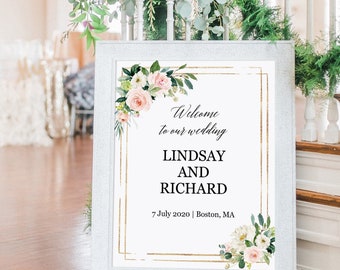 Blush welcome wedding sign, Printable template, Editable custom floral gold peach blush greenery wedding welcome sign, Instant download PDF