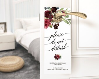 Door hanger template, Please do not disturb door hanger sign, DIY Burgundy marsala moody wedding door hangers for guests, Instant download