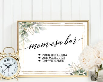 Momosa bar sign, Greenery gold rustic, Baby shower mimosa bar, Juice labels tags signs, Printable editable template package Instant download