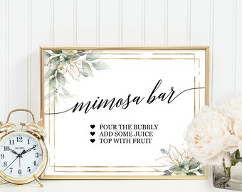 Mimosa bar sign greenery gold, Boho bridal shower mimosa bar sign, Juice labels Juice tags, Printable template package, Instant download PDF