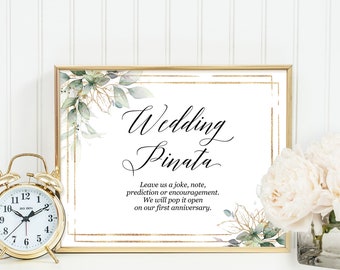 Wedding pinata sign, Printable editable template, Wedding guestbook alternative sign, Pinata guest book sign, Greenery gold calligraphy PDF