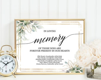 Forever in our hearts sign printable, In loving memory wedding sign template, Greenery gold rustic, Custom memorial wedding sign download