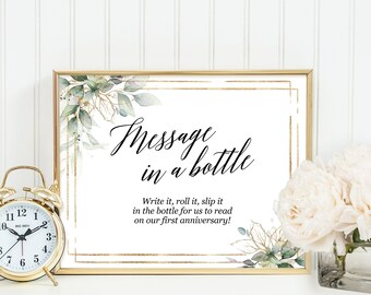 Message in a bottle sign printable, Greenery gold bridal shower, Wedding message in a bottle guest book sign, Wishes cards for bride & groom