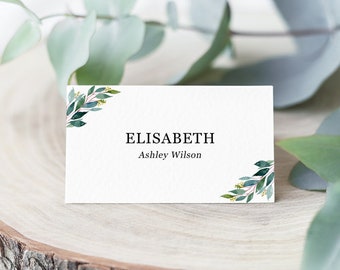 Wedding place cards greenery, Printable editable template PDF, Wedding name cards, Table place cards, Tent, flat personalized place cards