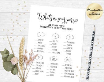 Printable bridal shower game, Whats in your purse game, Bridal shower purse game, Fun bachelorette party game, Printable wedding shower game