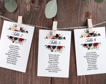 Rustic marsala seating chart template 4x6 5x7, Wedding seating arrangement table plan cards, Floral summer bridal shower, Edit yourself PDF