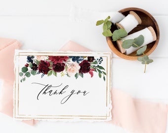 Burgundy thank you card, Printable bridal shower thank you cards notes, Floral moody boho chic wedding thank you postcard, Instant download