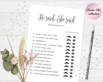 He said she said game, Printable bridal shower games, Who said it game, He said she said question game, Wedding shower bride or groom game