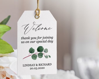 Wedding welcome bag tags template, Greenery eucalyptus calligraphy favor tags, Greenery welcome tags, Downloadable wedding shower tags edit