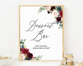 Wedding dessert table sign, Printable dessert bar sign, Burgundy navy marsala bridal shower, Wedding cake stand decoration, Love is sweet