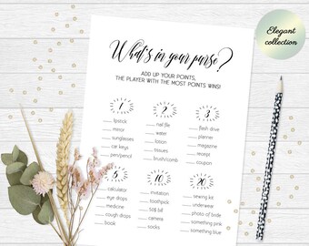 Whats in your purse game for bridal shower, Purse game printable, Wedding shower games, Printable bridal shower games, Instant Download, 5x7