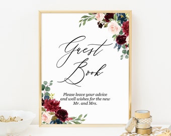 Wedding guest book sign Instant download, Sign the guest book, Printable editable template, Party guest book poster, Floral marsala burgundy