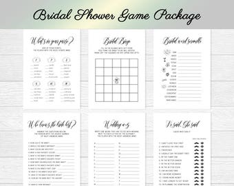 Printable bridal shower game bundle, 6 games pack, Bridal shower activities, Simple elegant wedding games for bridal shower, Download games