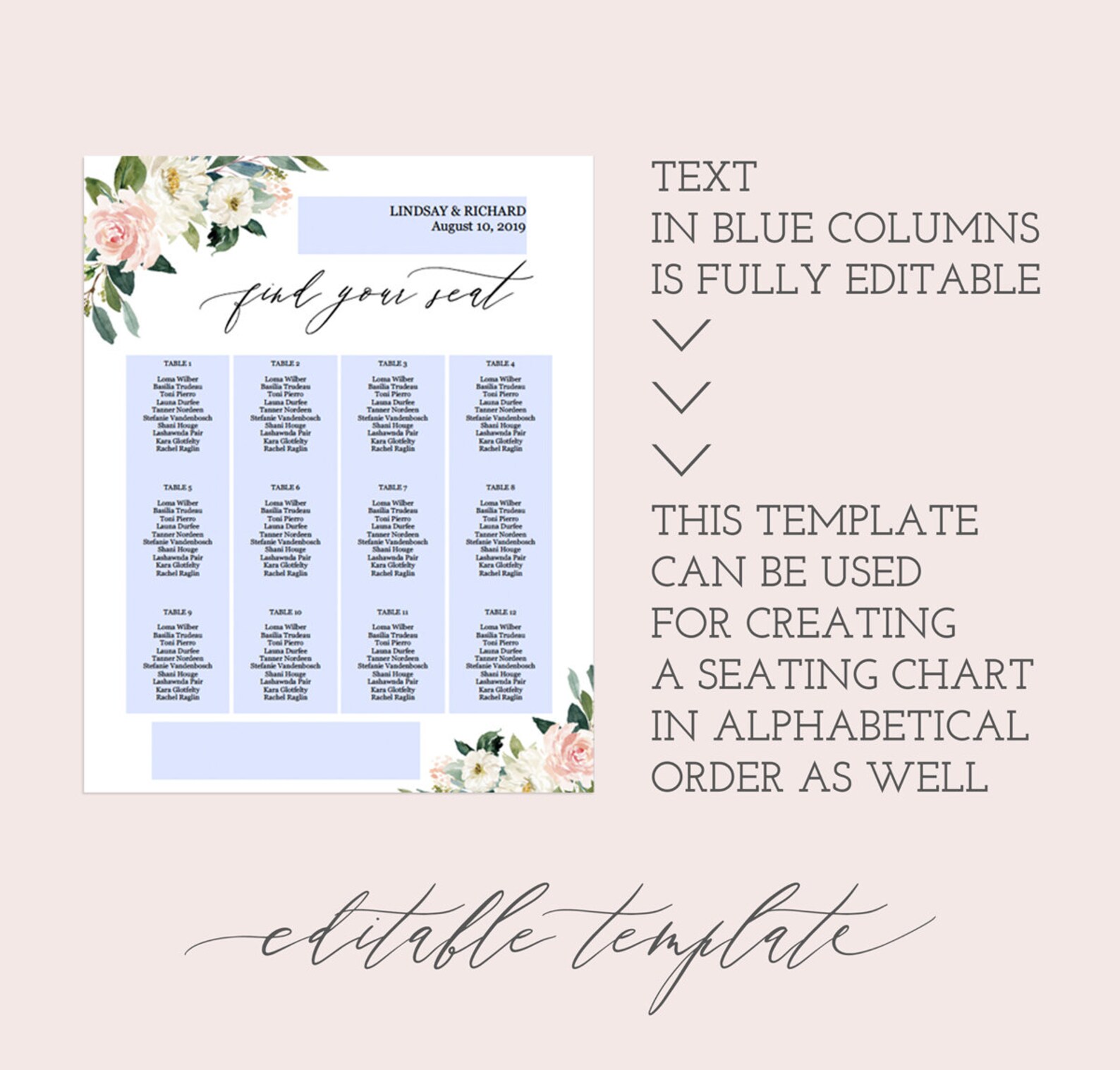 Wedding Seating Arrangement Template Downloadable Seating - Etsy