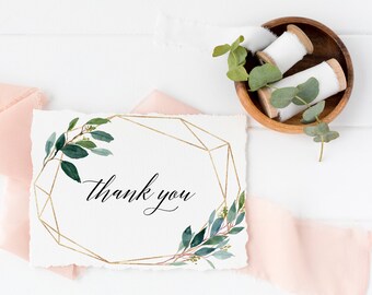 Thank you cards printable, Greenery gold wedding thank you cards, Modern geometric downloadable bridal shower thank you notes, Flat folded