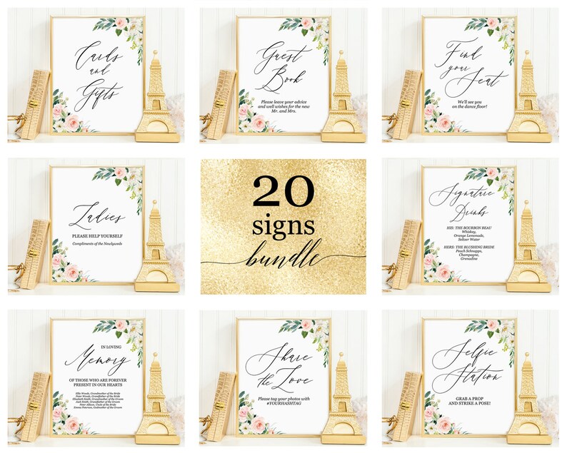 Bridal shower sign set Instant download Printable wedding signs templates bundle deal Blush floral custom calligraphy wedding sign package