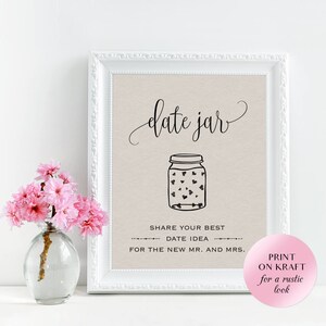 Date night jar sign printable, Date jar sign, Wedding date jar printable sign, Bridal shower date night jar sign, Rustic date night signage image 2