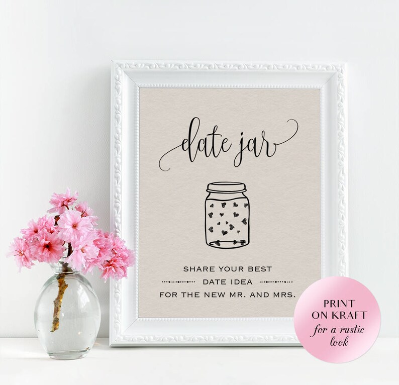 Date night jar sign printable, Date jar sign, Wedding date jar printable sign, Bridal shower date night jar sign, Rustic date night signage image 2