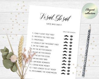 He said she said bridal shower game, Who said it bridal shower game, He said she said question game, Modern printable bridal shower game 5x7