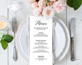 Dinner party menu template, Editable PDF, Wedding buffet menu template, Black & white elegant rustic menu cards, 4x9 5x7, Instant download