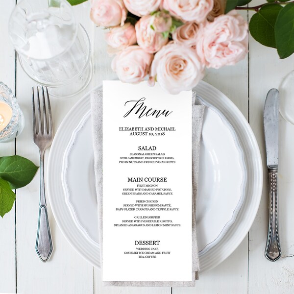 Dinner party menu template, Editable PDF, Wedding buffet menu template, Black & white elegant rustic menu cards, 4x9 5x7, Instant download