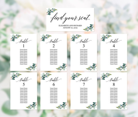 Greenery Seating Chart Template Editable Printable Seating Etsy