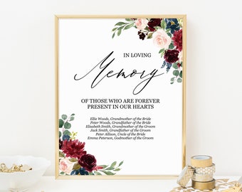 In loving memory sign, Editable printable template, Forever in our hearts, Burgundy blush navy calligraphy, Custom wedding memorial sign PDF