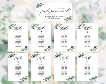 Seating chart template, Printable greenery wedding seating chart, Table seating cards, Hanging seating plan chart, Seating arrangement cards