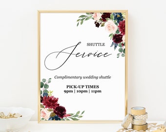 Shuttle service sign printable, Complimentary shuttle sign, Wedding carriages sign, Marsala burgundy blush navy, Editable template download