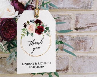 Personalized gift tags template, Burgundy wedding favor tags template, Custom printable thank you tags for favors, Floral marsala blush gold