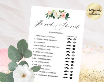 He said she said bridal shower game printable, Instant download 5x7, Guess who said it, Bride or groom bridal shower game, Blush greenery