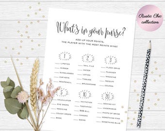 Purse game for bridal shower, Purse game cards, What's in your purse game, Printable bridal shower games, Printable bachelorette party games