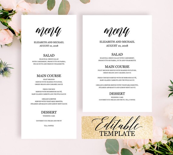 Wedding Reception Menu Cards Editable Wedding Menu Template Etsy