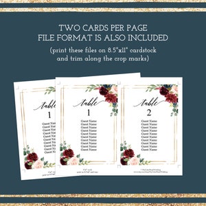 Burgundy floral wedding seating chart template editable, 4x6, 5x7 table seating arrangement cards, Blush navy gold hanging table plan cards image 3