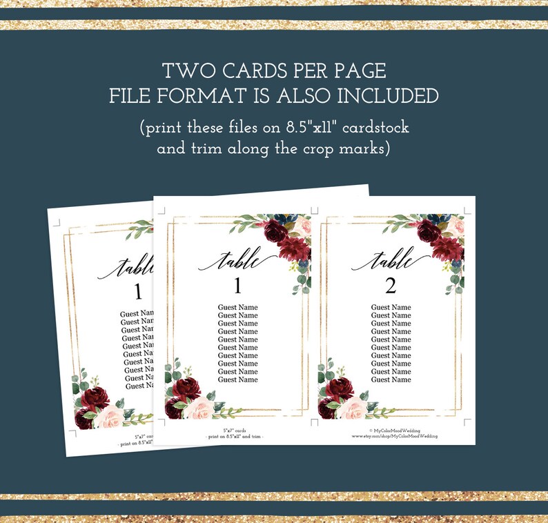 Burgundy floral wedding seating chart template editable, 4x6, 5x7 table seating arrangement cards, Blush navy gold hanging table plan cards image 3