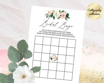 Bridal shower bingo game, Bridal bingo cards, Printable bingo game, Floral peach blush calligraphy greenery bingo cards Instant download 5x7