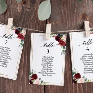 Burgundy floral wedding seating chart template editable, 4x6, 5x7 table seating arrangement cards, Blush navy gold hanging table plan cards image 1