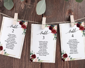 Burgundy floral wedding seating chart template editable, 4x6, 5x7 table seating arrangement cards, Blush navy gold hanging table plan cards