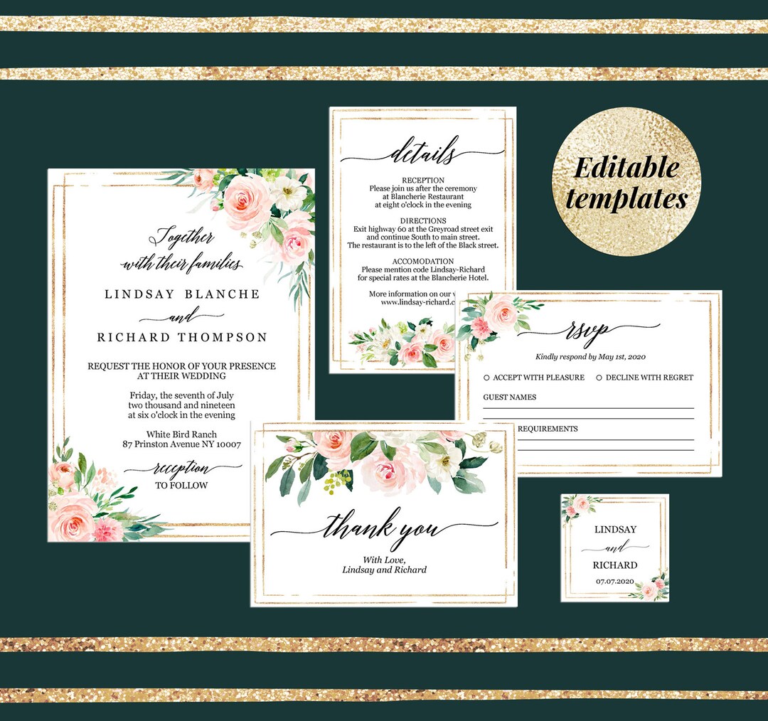 Blush Wedding Invitation Suite Templates Editable DIY Blush Pink Gold Blush Wedding Invitation Suite Templates Editable DIY Blush Pink Gold