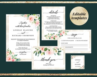 Blush wedding invitation suite templates, Editable DIY Blush pink gold greenery floral, Spring summer wedding invites, Instant download PDF
