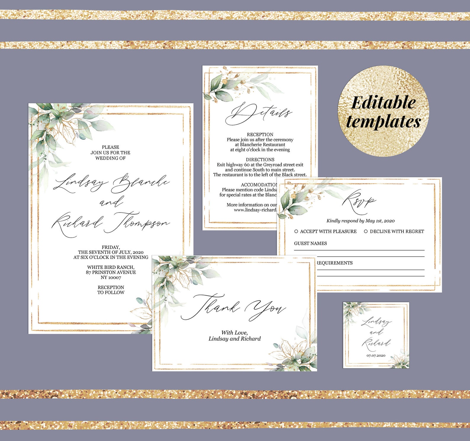 Greenery Gold Wedding Invitation Template Suite Kit Set | Etsy
