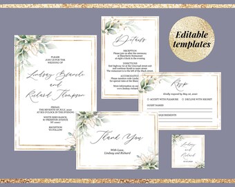 Greenery gold wedding invitation template suite kit set, Printable editable, Watercolor boho DIY rustic elegant wedding invites Download PDF