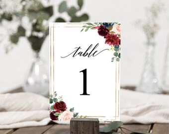 Burgundy table numbers, Floral marsala navy gold wedding table numbers template, Printable table number cards download, Fall bridal shower