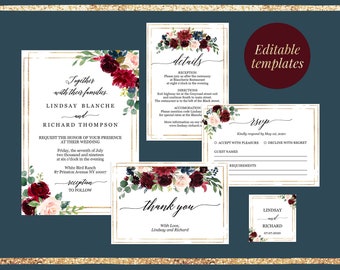 Burgundy wedding invitation suite templates Editable elegant floral blush wine marsala wedding invitation kit set printable INSTANT DOWNLOAD